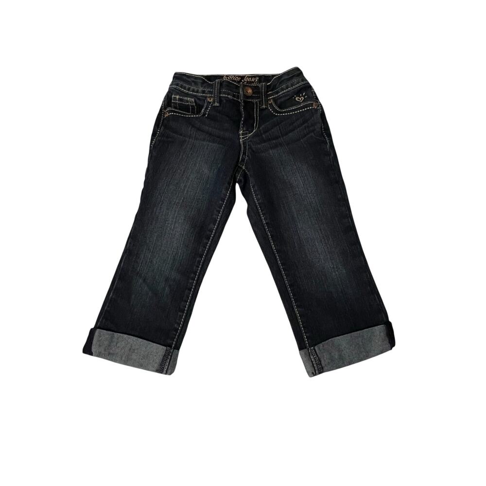 Justice Girls Jeans Size 8S Dark Wash Cuffed Hem Pockets Snap Close Lose Kids